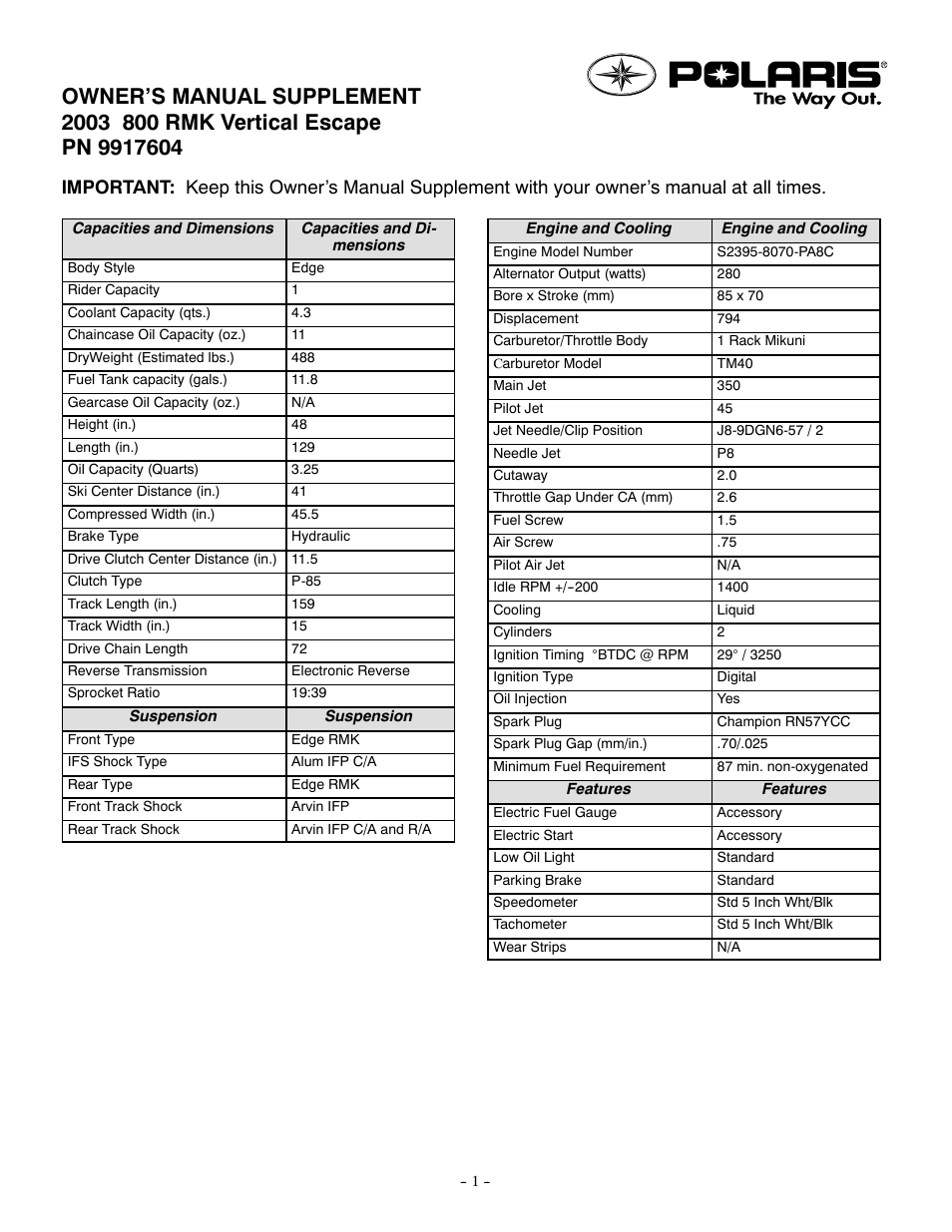 Polaris 2003 800 RMK Vertical Escape User Manual | 2 pages