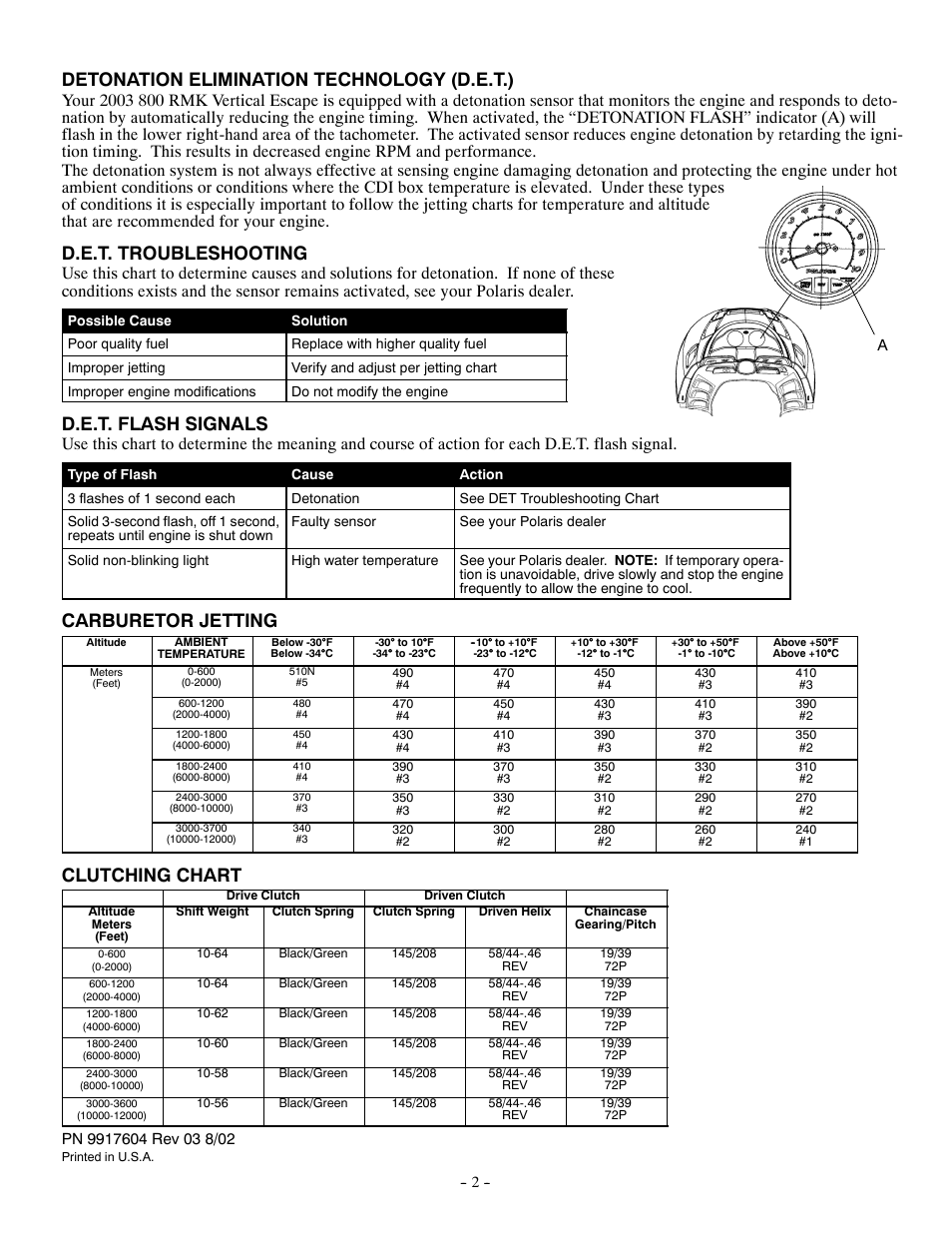 Detonation elimination technology (d.e.t.), D.e.t. troubleshooting, D.e.t. flash signals | Carburetor jetting, Clutching chart | Polaris 2003 800 RMK Vertical Escape User Manual | Page 2 / 2