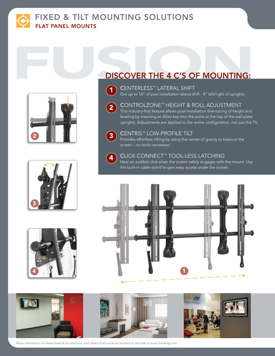 Fusion, Fixed & tilt mounting solutions, Discover the 4 c’s of mounting | Chief Manufacturing Fusion Series User Manual | Page 2 / 4