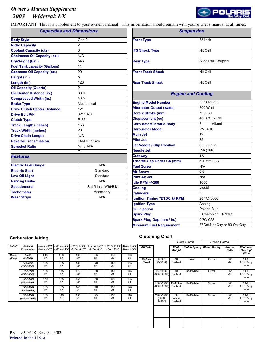 Polaris 2003 Widetrak LX User Manual | 1 page