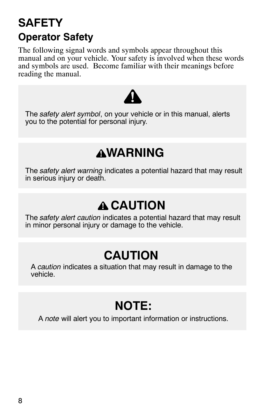 Caution warning, Safety, Operator safety | Polaris 2003 Frontier User Manual | Page 10 / 140