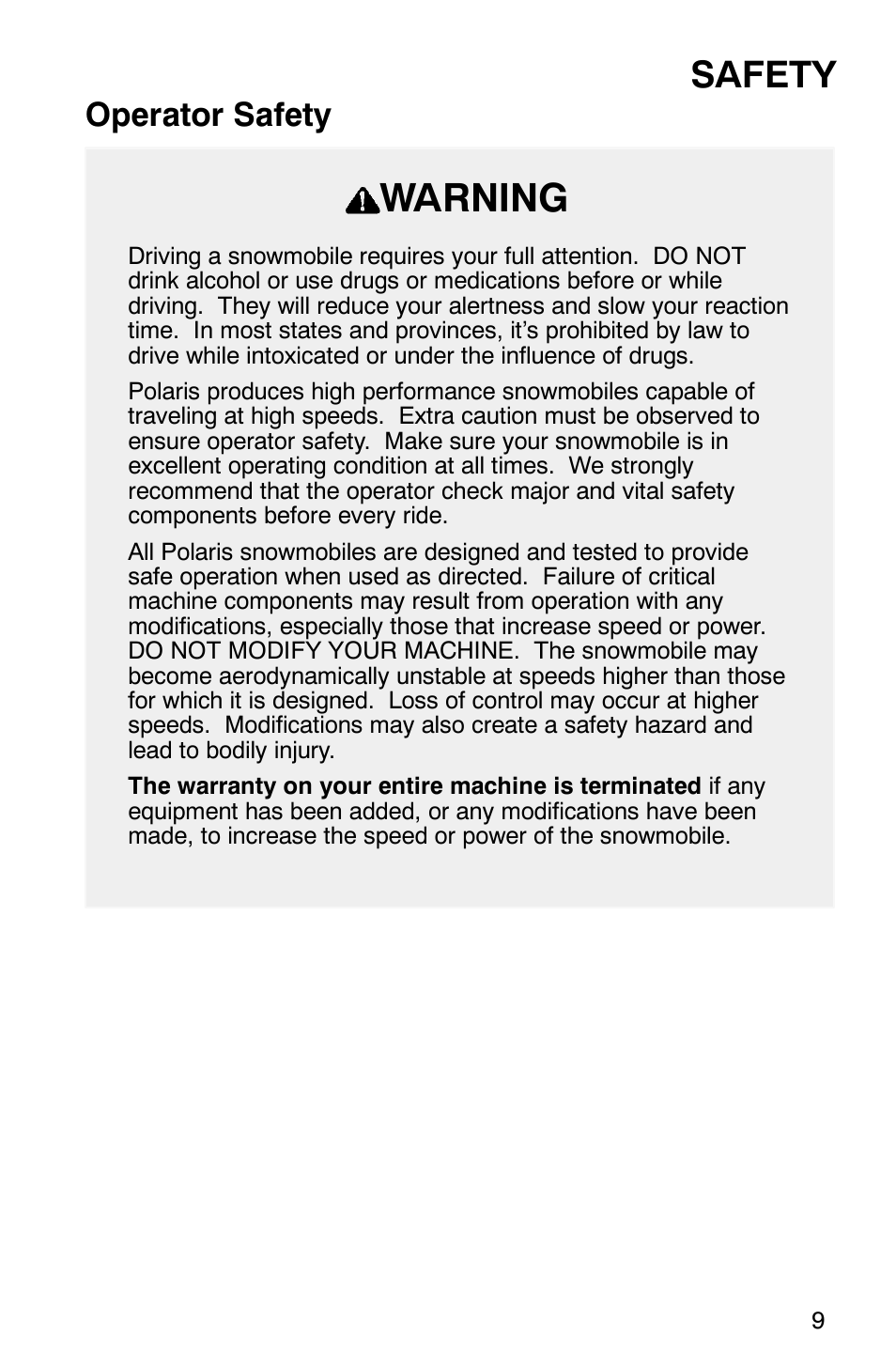 Warning, Safety, Operator safety | Polaris 2003 Frontier User Manual | Page 11 / 140