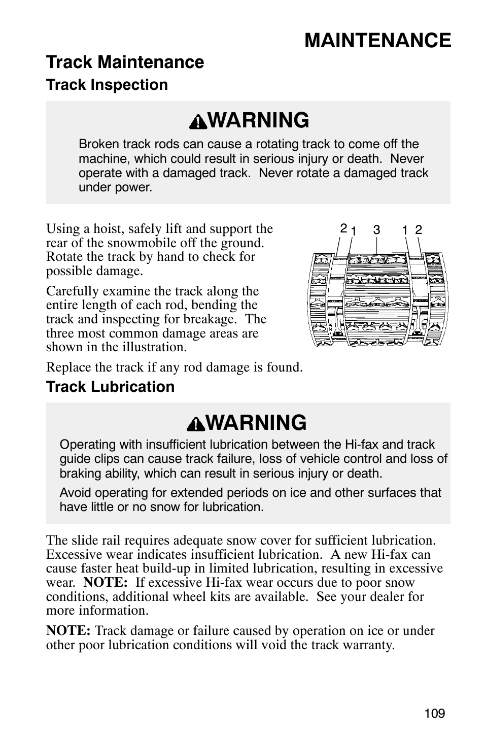 Warning, Maintenance, Track maintenance | Polaris 2003 Frontier User Manual | Page 111 / 140