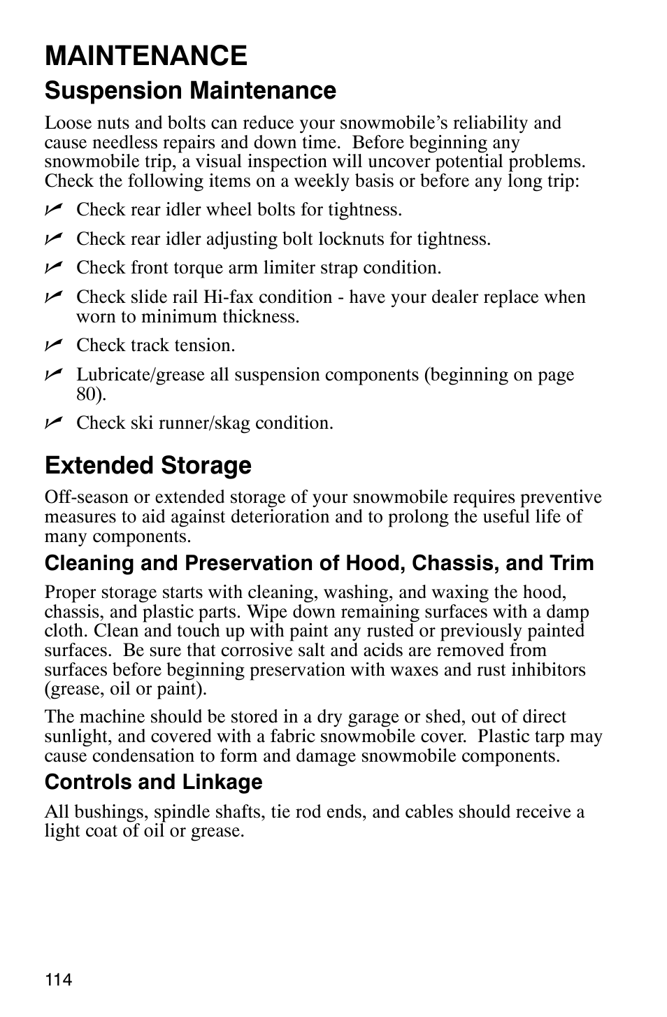Maintenance, Suspension maintenance, Extended storage | Polaris 2003 Frontier User Manual | Page 116 / 140