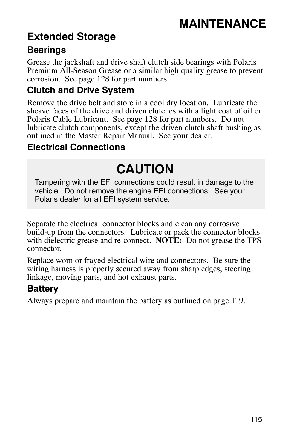 Caution, Maintenance, Extended storage | Polaris 2003 Frontier User Manual | Page 117 / 140
