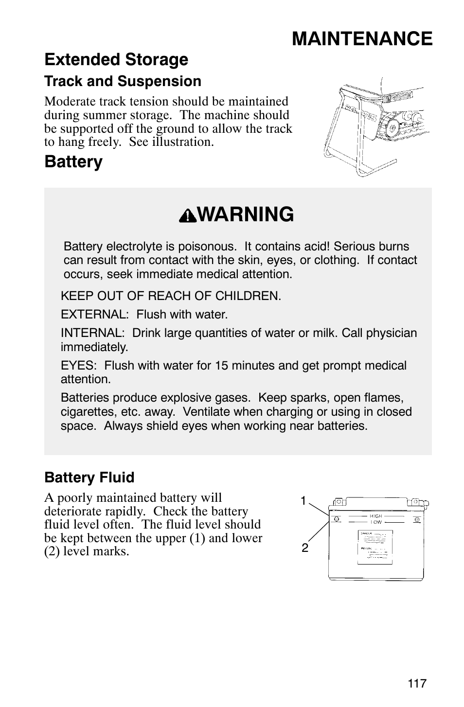 Warning, Maintenance, Extended storage | Battery | Polaris 2003 Frontier User Manual | Page 119 / 140