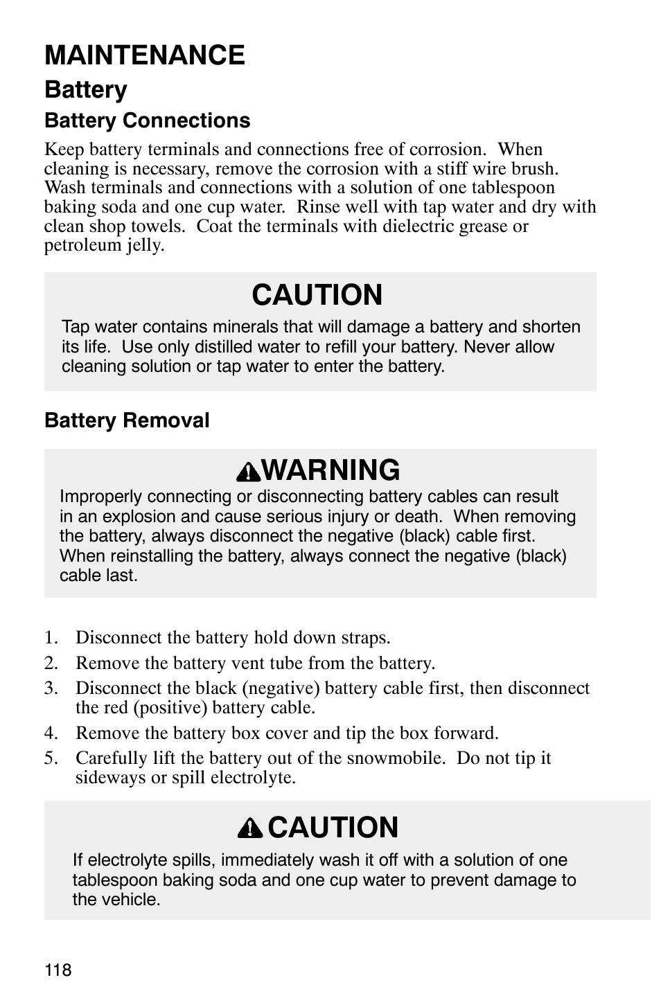 Caution, Warning, Maintenance | Battery | Polaris 2003 Frontier User Manual | Page 120 / 140