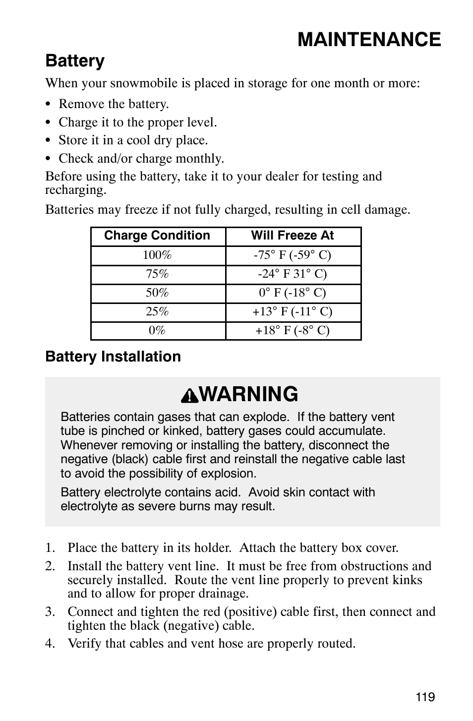 Warning, Maintenance, Battery | Polaris 2003 Frontier User Manual | Page 121 / 140