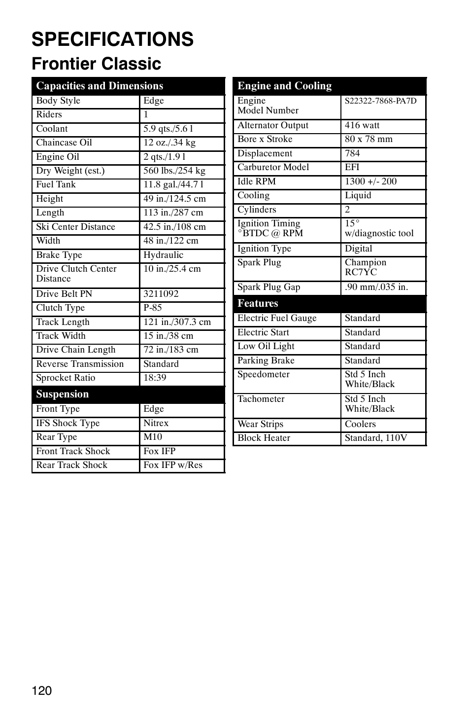 Specifications, Frontier classic | Polaris 2003 Frontier User Manual | Page 122 / 140