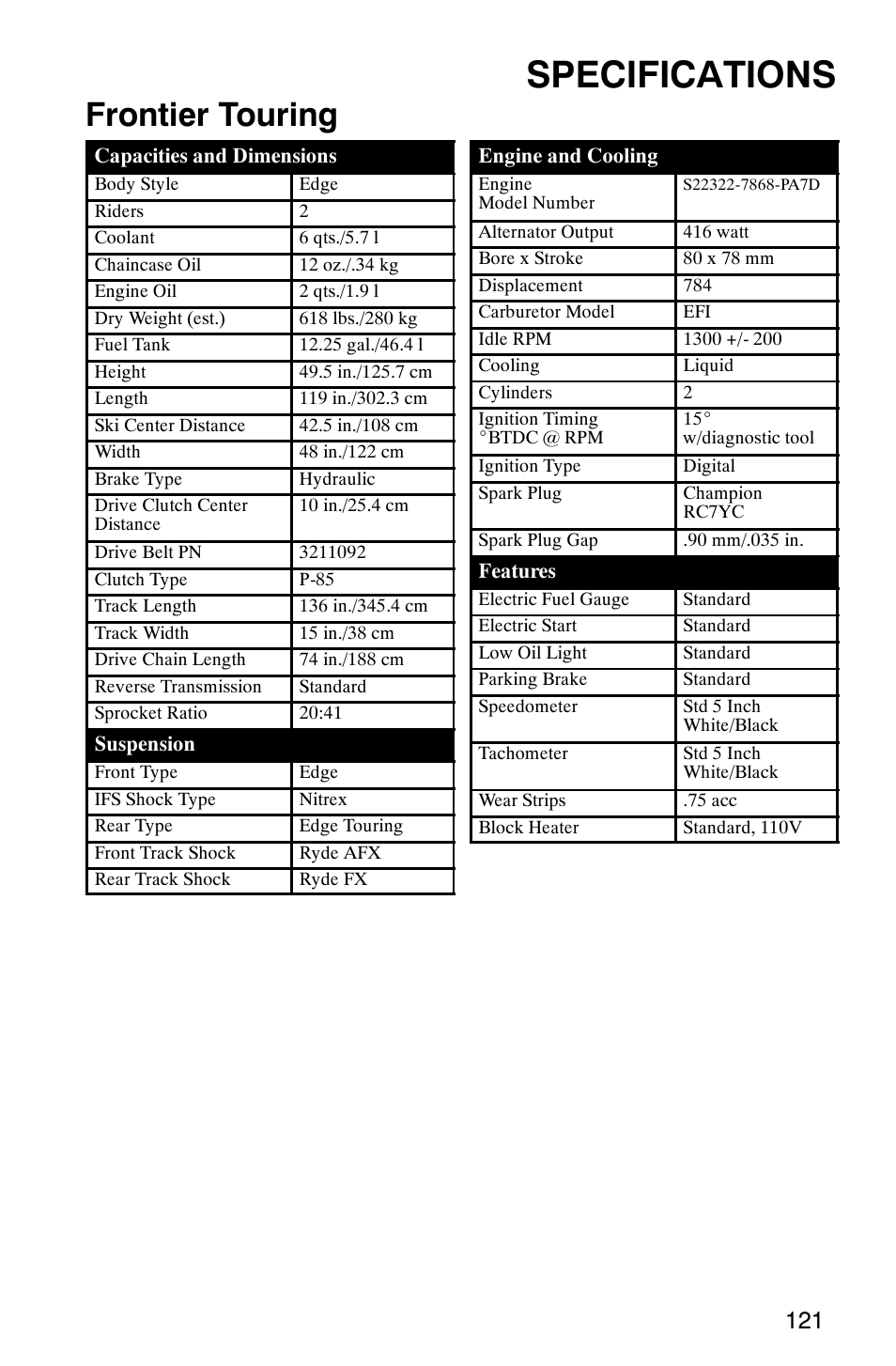 Specifications, Frontier touring | Polaris 2003 Frontier User Manual | Page 123 / 140