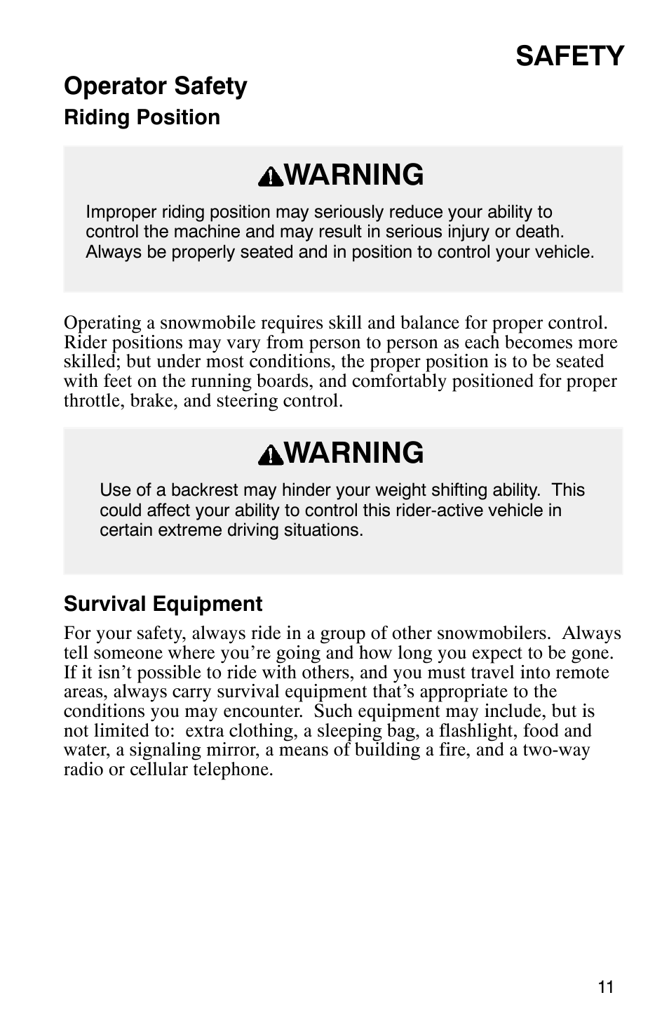 Warning, Safety, Operator safety | Polaris 2003 Frontier User Manual | Page 13 / 140