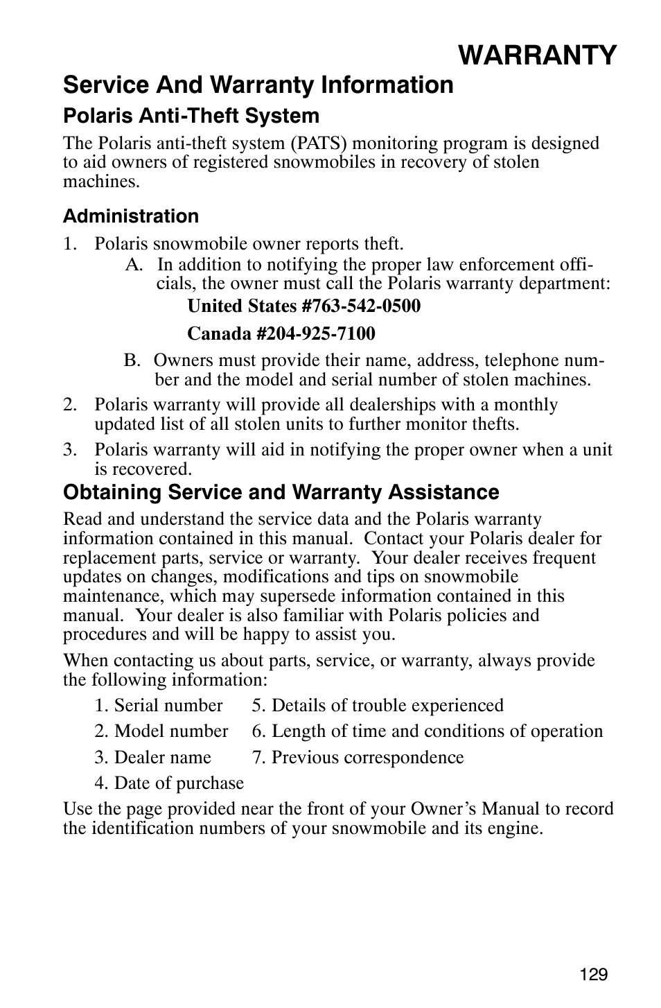 Warranty, Service and warranty information | Polaris 2003 Frontier User Manual | Page 131 / 140