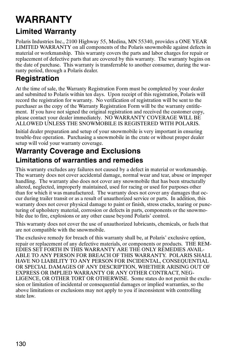 Warranty, Limited warranty, Registration | Warranty coverage and exclusions, Limitations of warranties and remedies | Polaris 2003 Frontier User Manual | Page 132 / 140