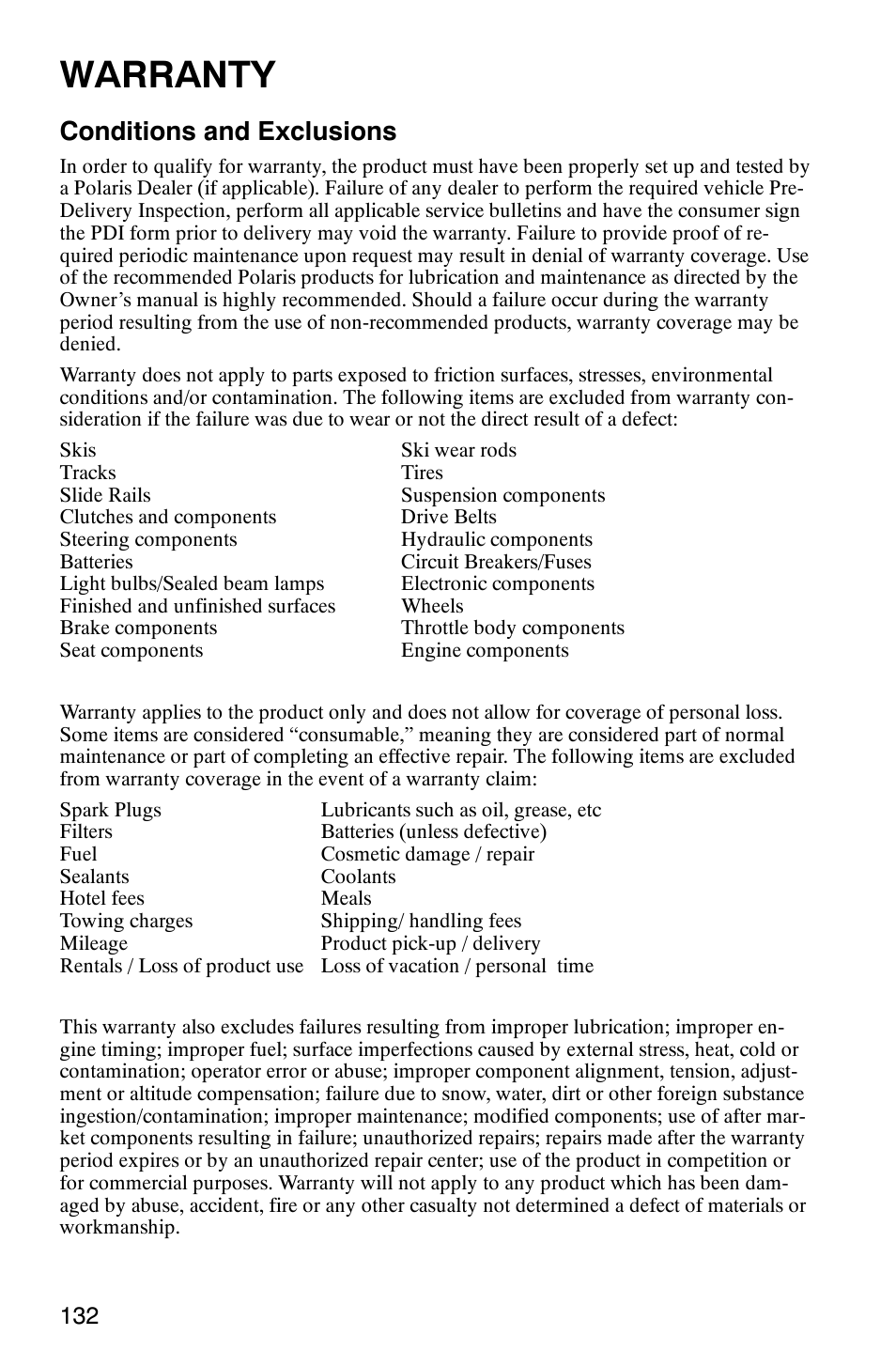 Warranty, Conditions and exclusions | Polaris 2003 Frontier User Manual | Page 134 / 140