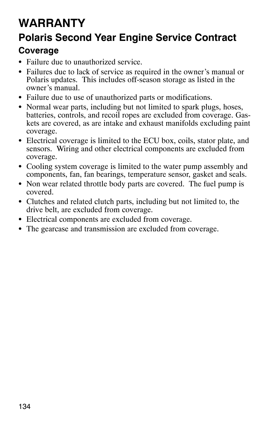Warranty, Polaris second year engine service contract | Polaris 2003 Frontier User Manual | Page 136 / 140