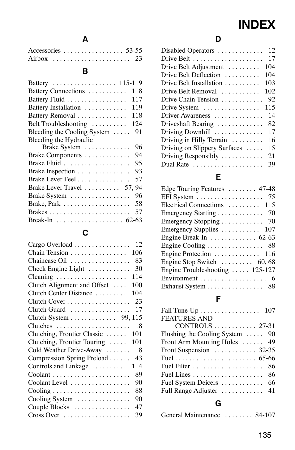 Index | Polaris 2003 Frontier User Manual | Page 137 / 140