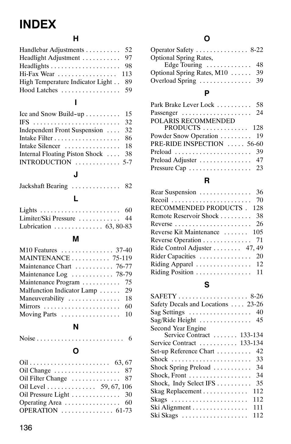 Index | Polaris 2003 Frontier User Manual | Page 138 / 140