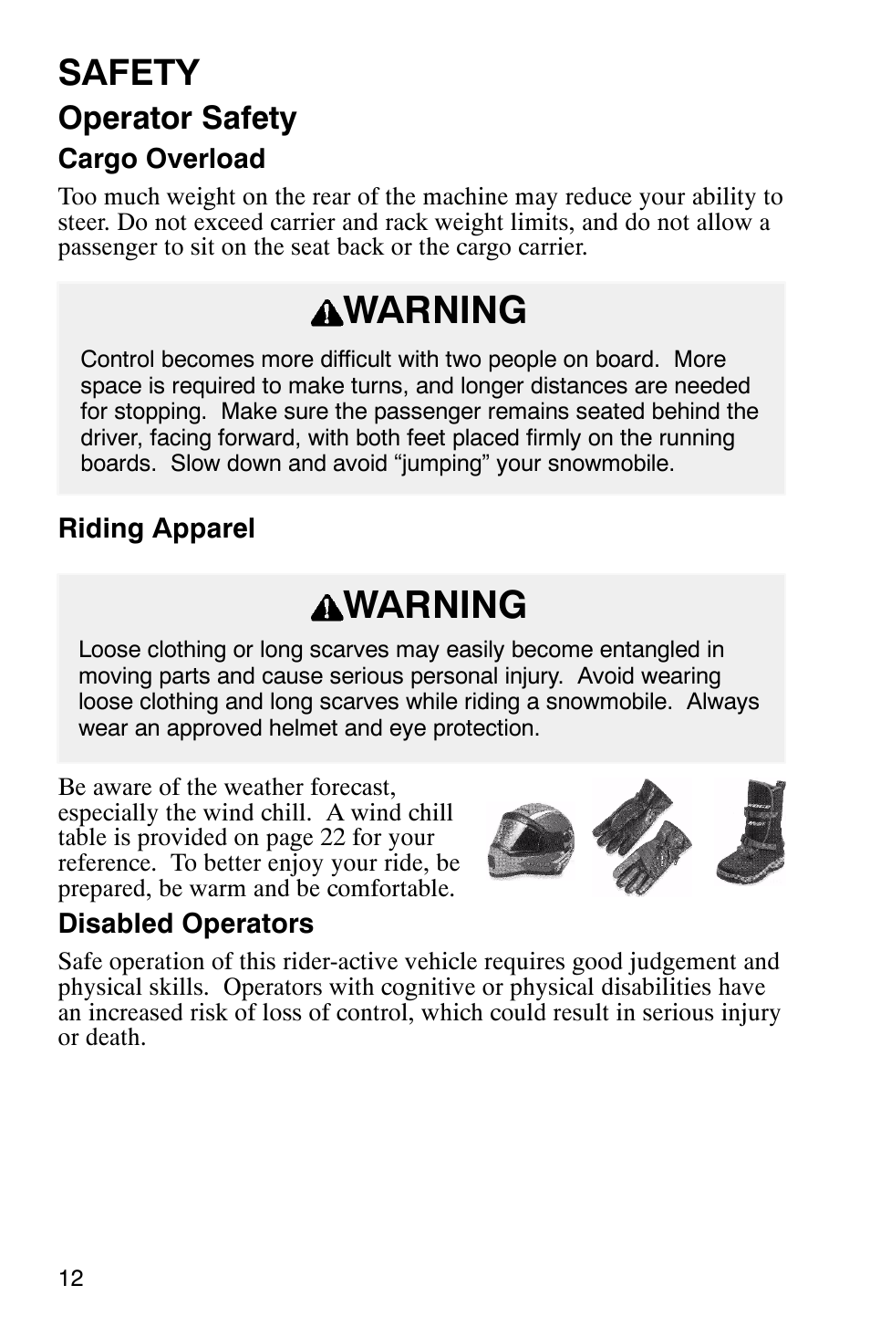 Warning, Safety, Operator safety | Polaris 2003 Frontier User Manual | Page 14 / 140