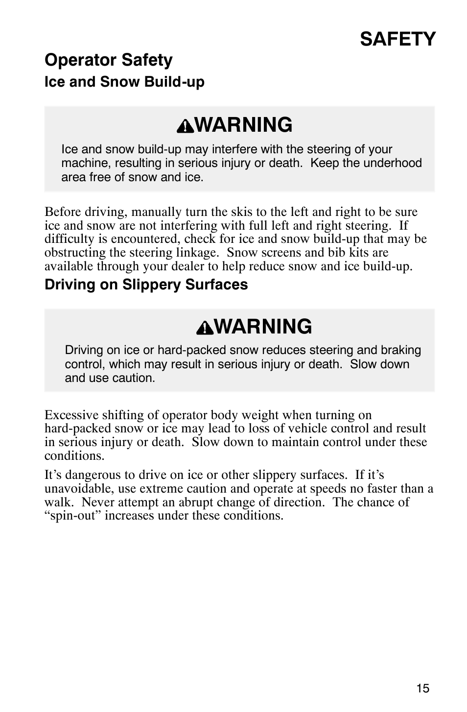 Warning, Safety, Operator safety | Polaris 2003 Frontier User Manual | Page 17 / 140