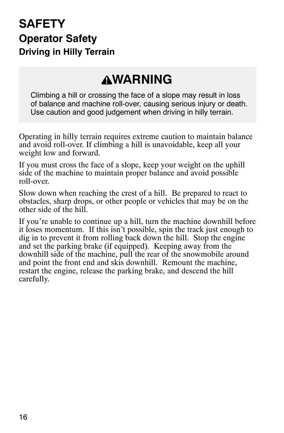 Warning, Safety, Operator safety | Polaris 2003 Frontier User Manual | Page 18 / 140