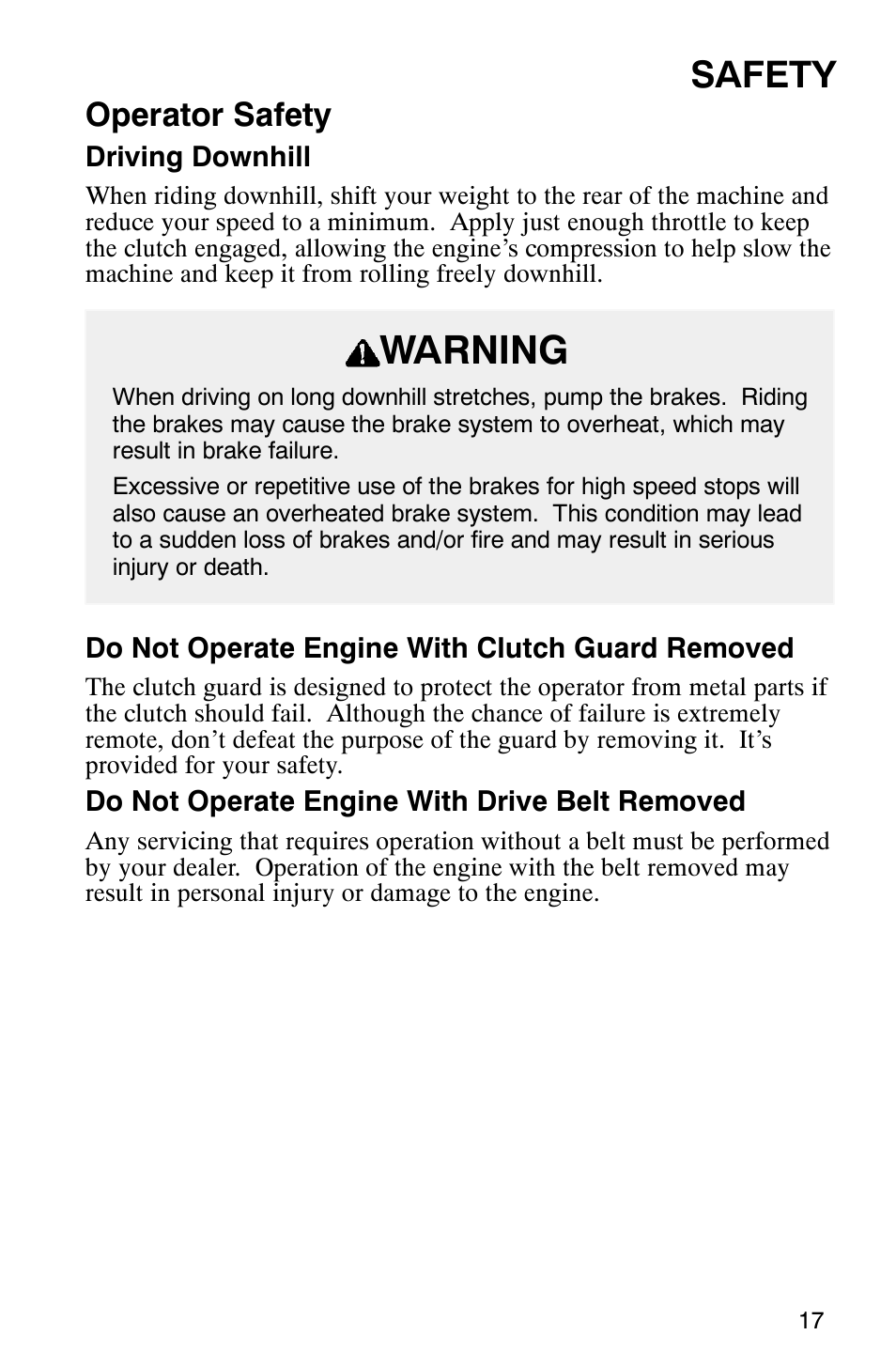 Warning, Safety, Operator safety | Polaris 2003 Frontier User Manual | Page 19 / 140
