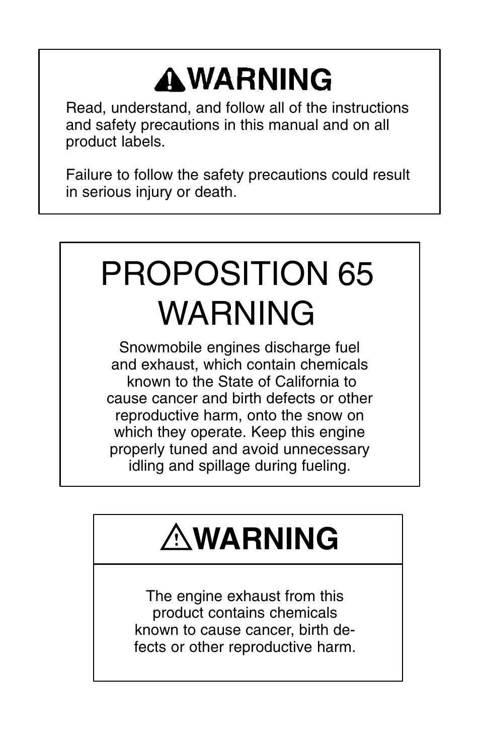 Proposition 65 warning, Warning | Polaris 2003 Frontier User Manual | Page 2 / 140