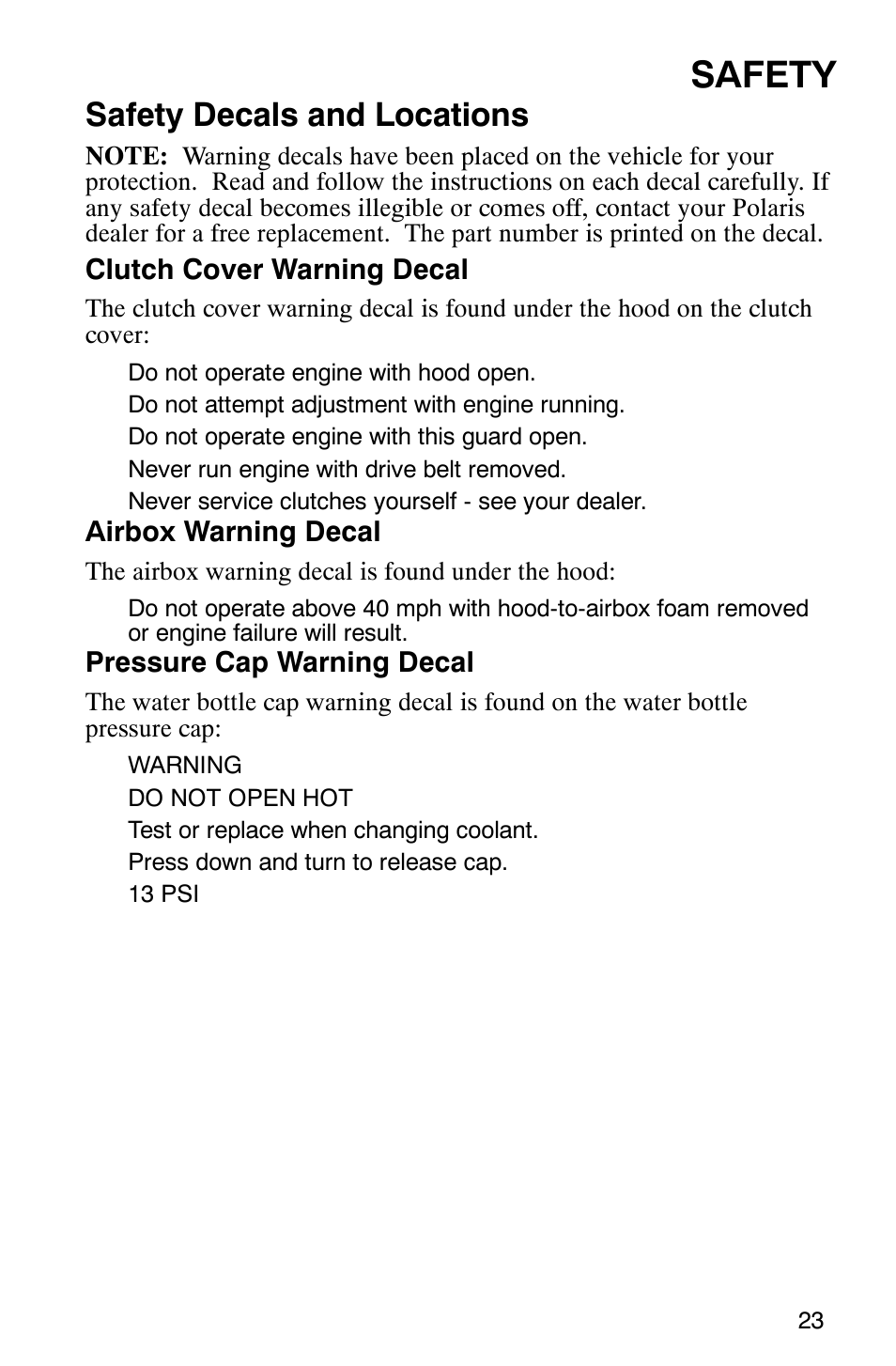 Safety, Safety decals and locations | Polaris 2003 Frontier User Manual | Page 25 / 140