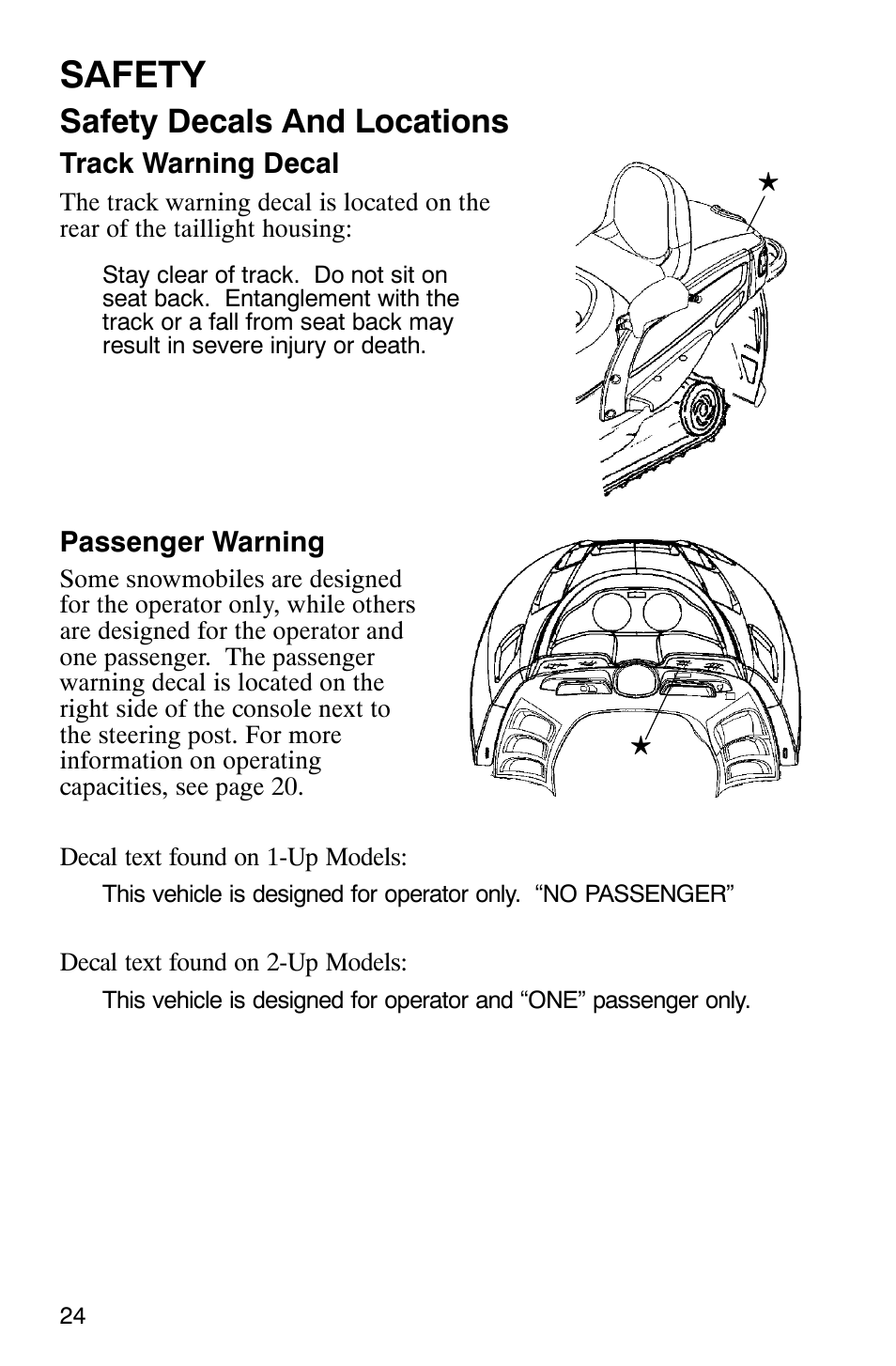 Safety, Safety decals and locations | Polaris 2003 Frontier User Manual | Page 26 / 140