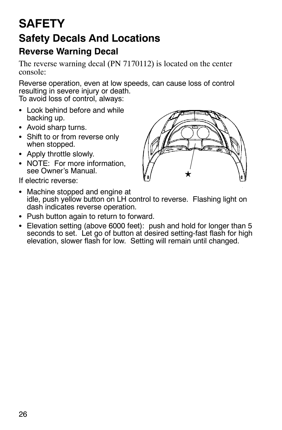 Safety, Safety decals and locations, Reverse warning decal | Polaris 2003 Frontier User Manual | Page 28 / 140