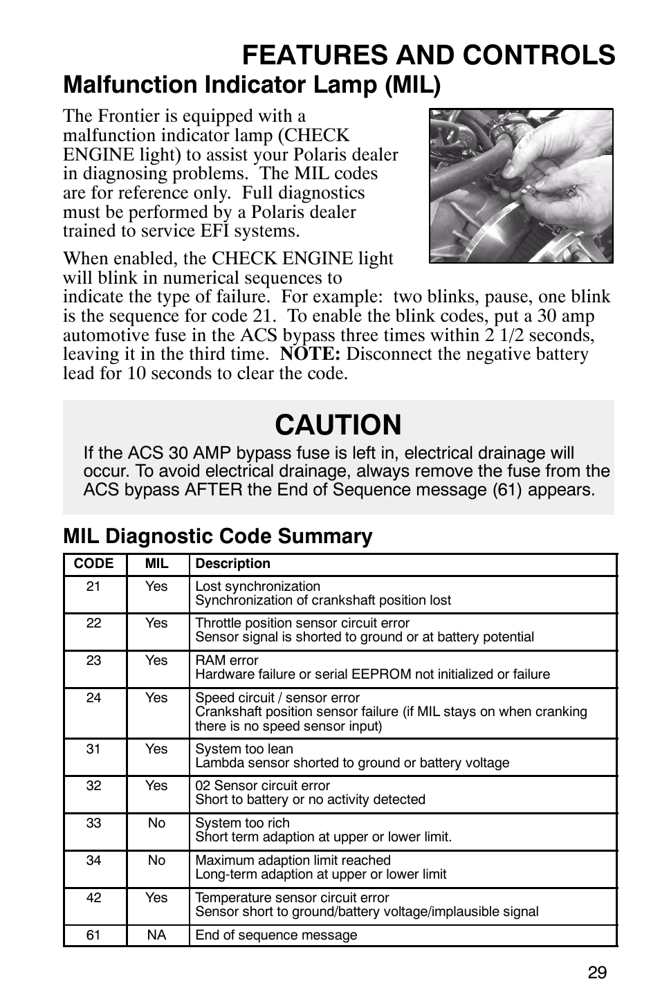 Caution, Features and controls, Malfunction indicator lamp (mil) | Mil diagnostic code summary | Polaris 2003 Frontier User Manual | Page 31 / 140