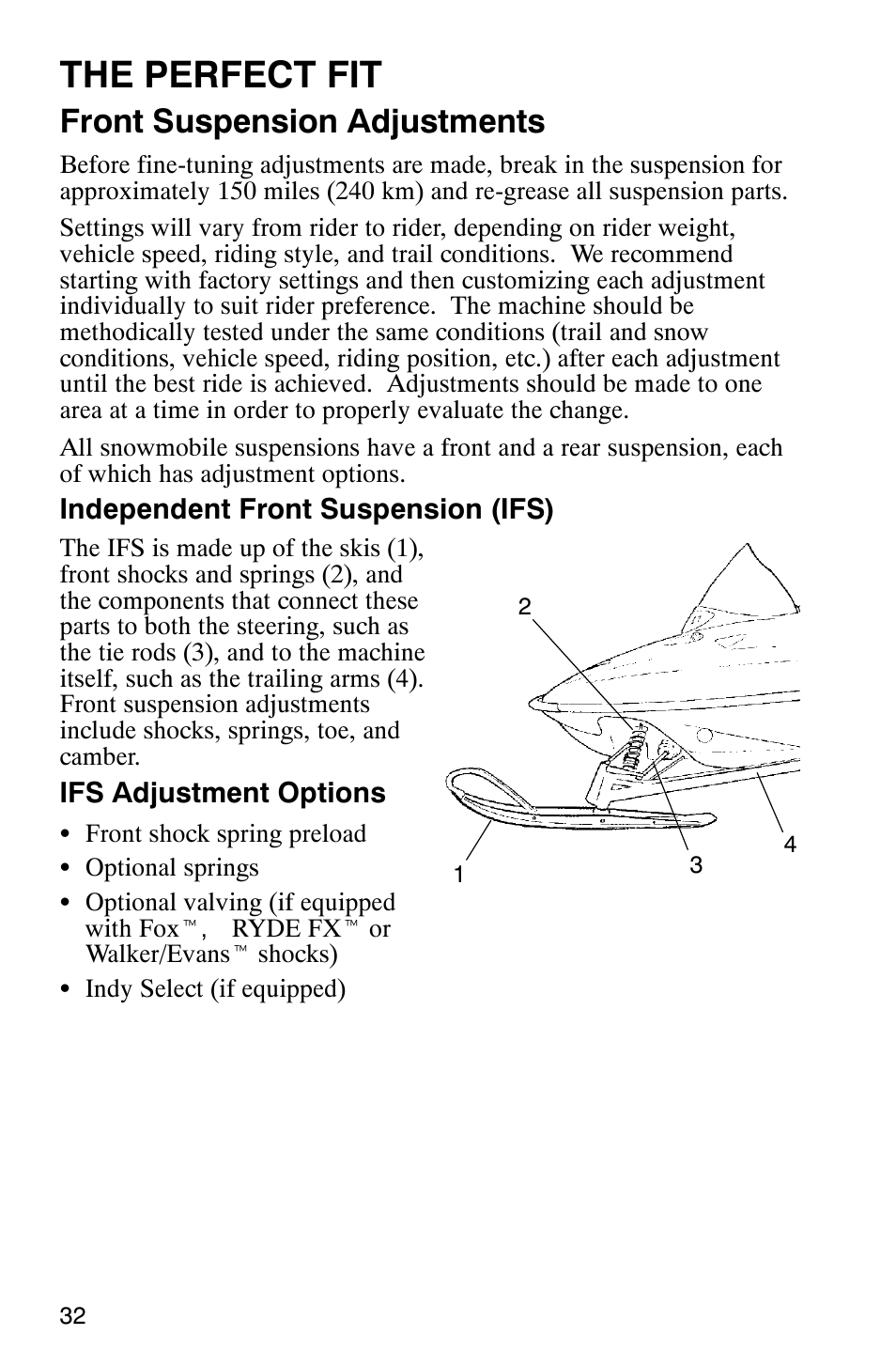 The perfect fit, Front suspension adjustments | Polaris 2003 Frontier User Manual | Page 34 / 140