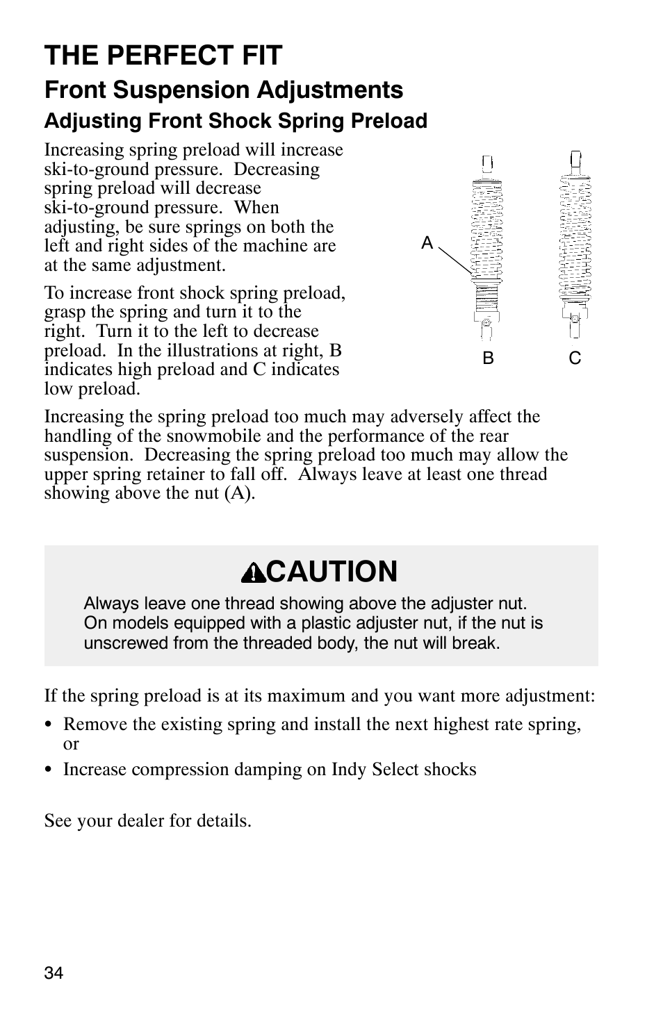 Caution, The perfect fit, Front suspension adjustments | Polaris 2003 Frontier User Manual | Page 36 / 140