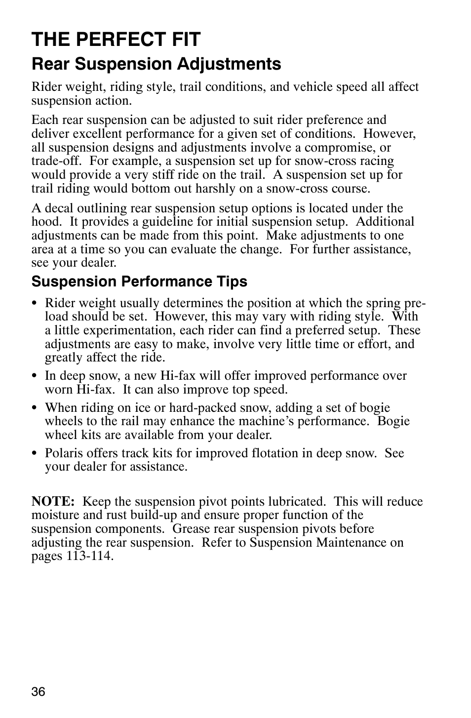 The perfect fit, Rear suspension adjustments | Polaris 2003 Frontier User Manual | Page 38 / 140