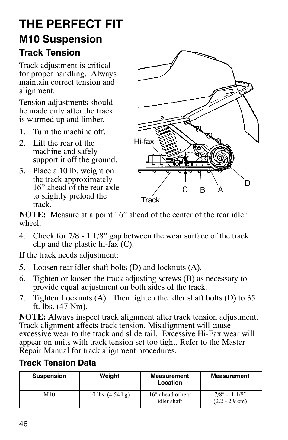 The perfect fit, M10 suspension, Track tension | Polaris 2003 Frontier User Manual | Page 48 / 140