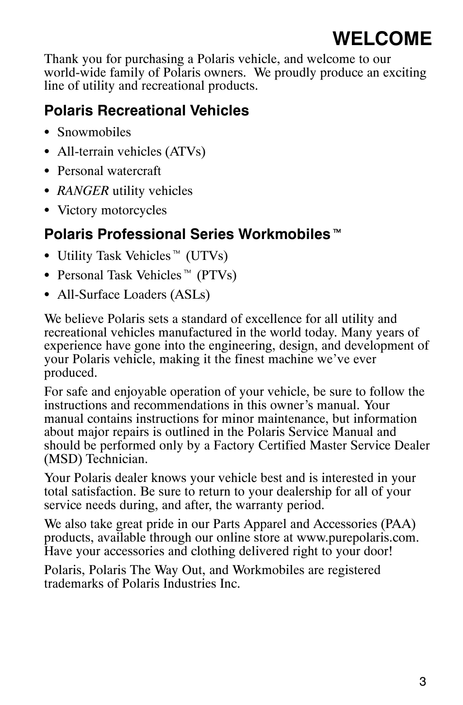 Welcome | Polaris 2003 Frontier User Manual | Page 5 / 140