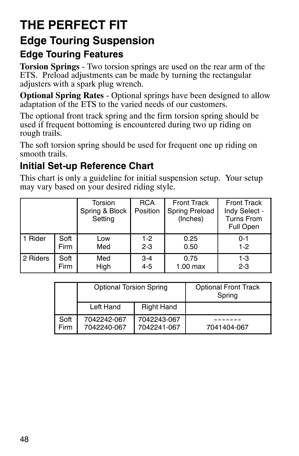 The perfect fit, Edge touring suspension, Edge touring features | Initial set-up reference chart | Polaris 2003 Frontier User Manual | Page 50 / 140