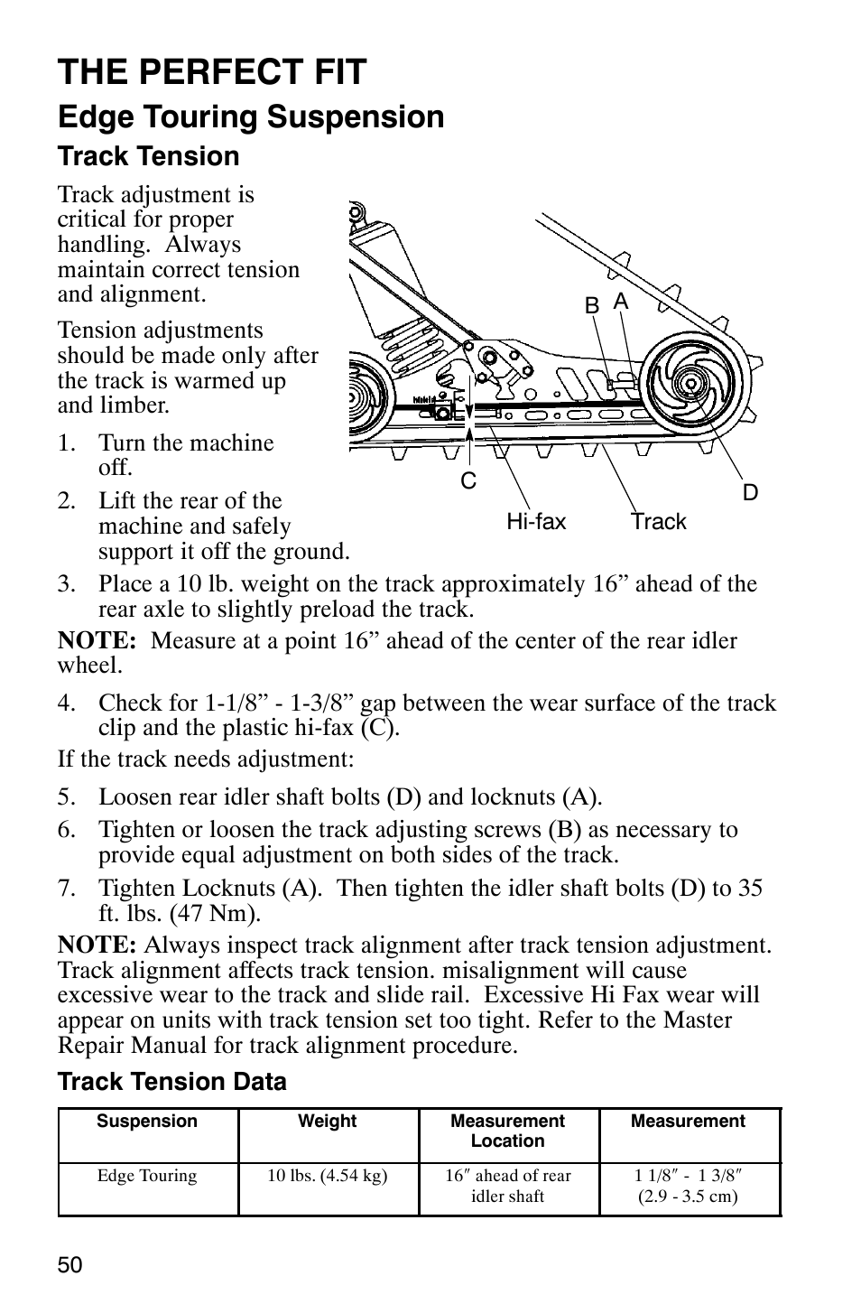 The perfect fit, Edge touring suspension, Track tension | Polaris 2003 Frontier User Manual | Page 52 / 140