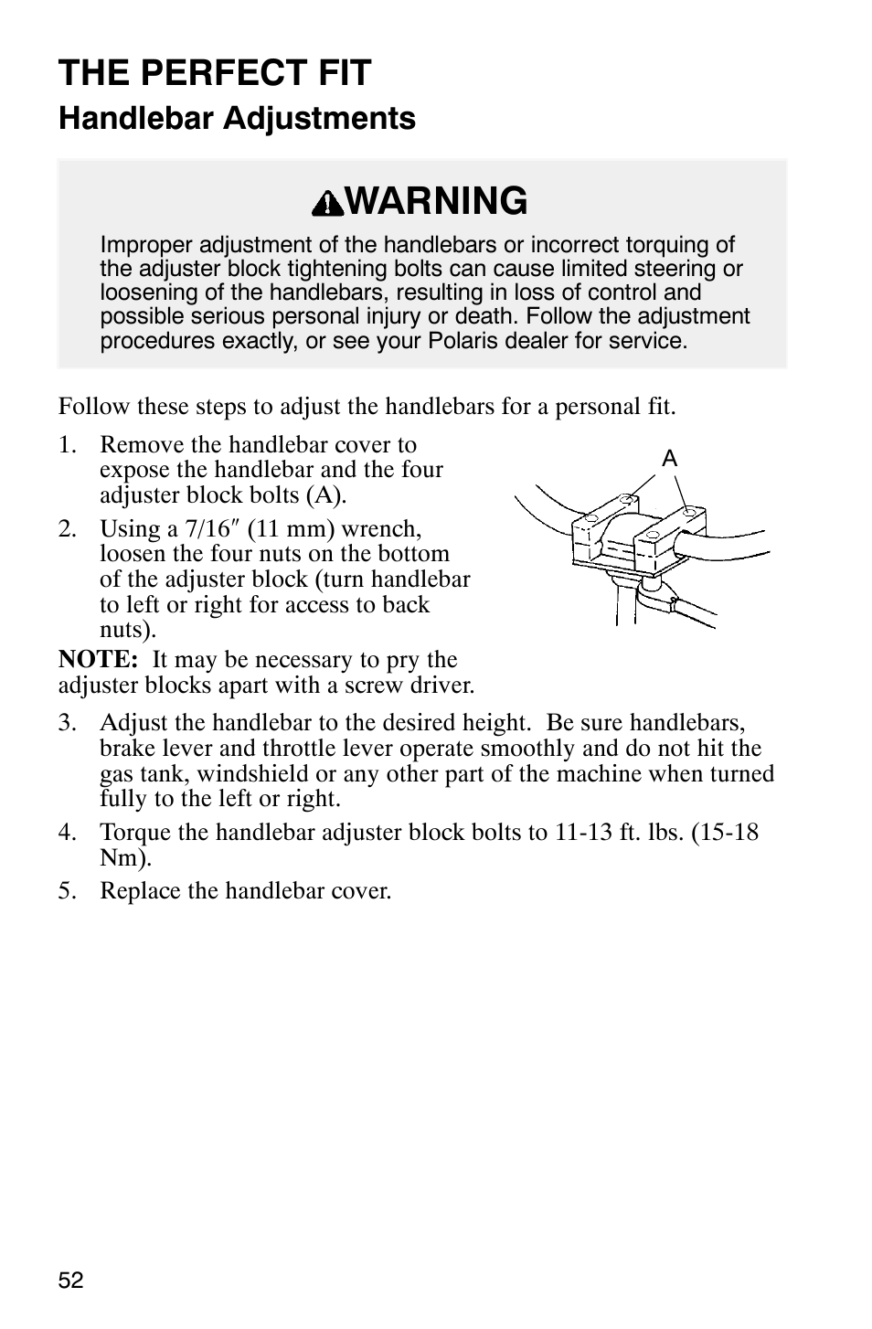 Warning, The perfect fit, Handlebar adjustments | Polaris 2003 Frontier User Manual | Page 54 / 140