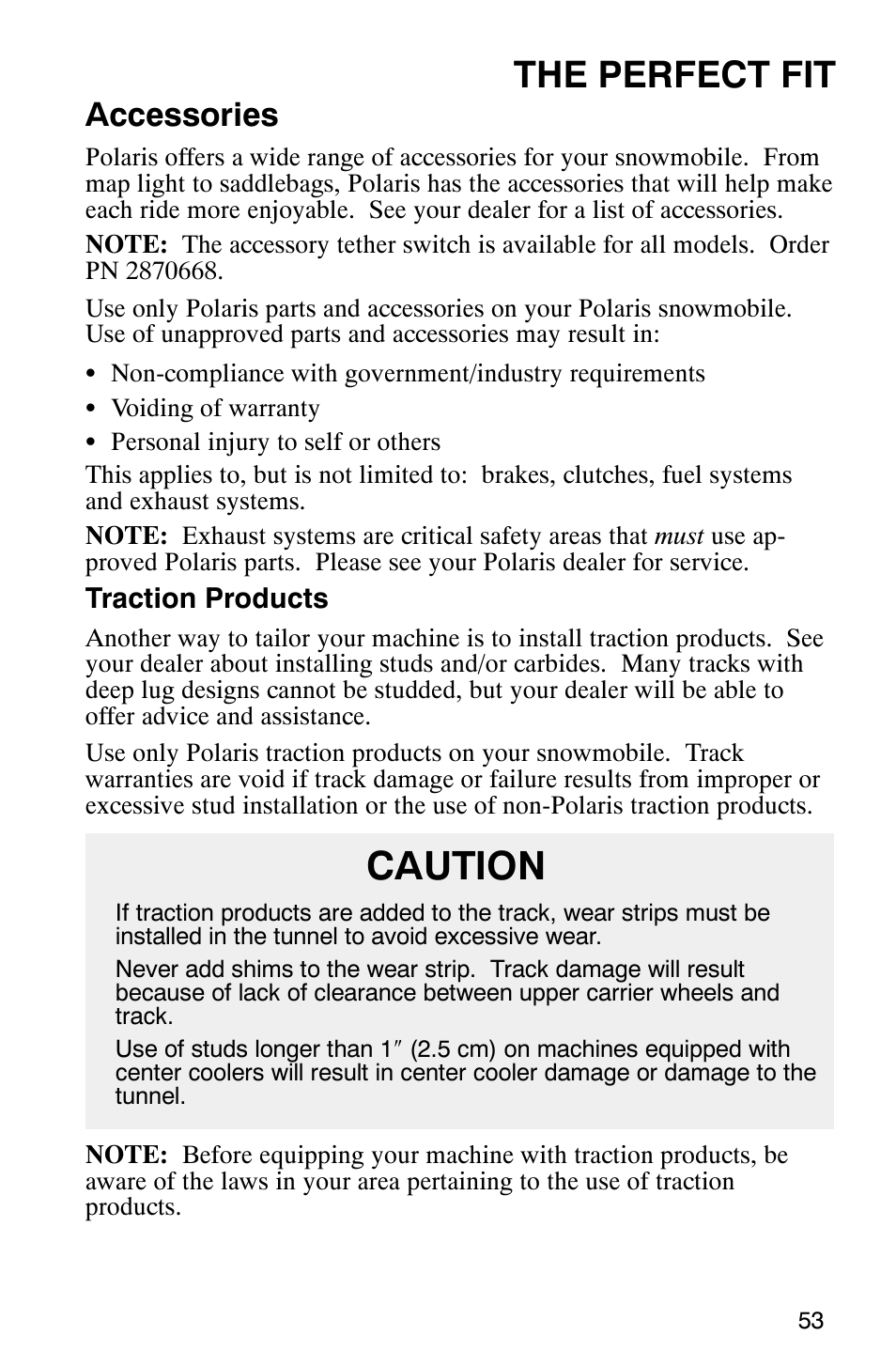 Caution, The perfect fit, Accessories | Polaris 2003 Frontier User Manual | Page 55 / 140