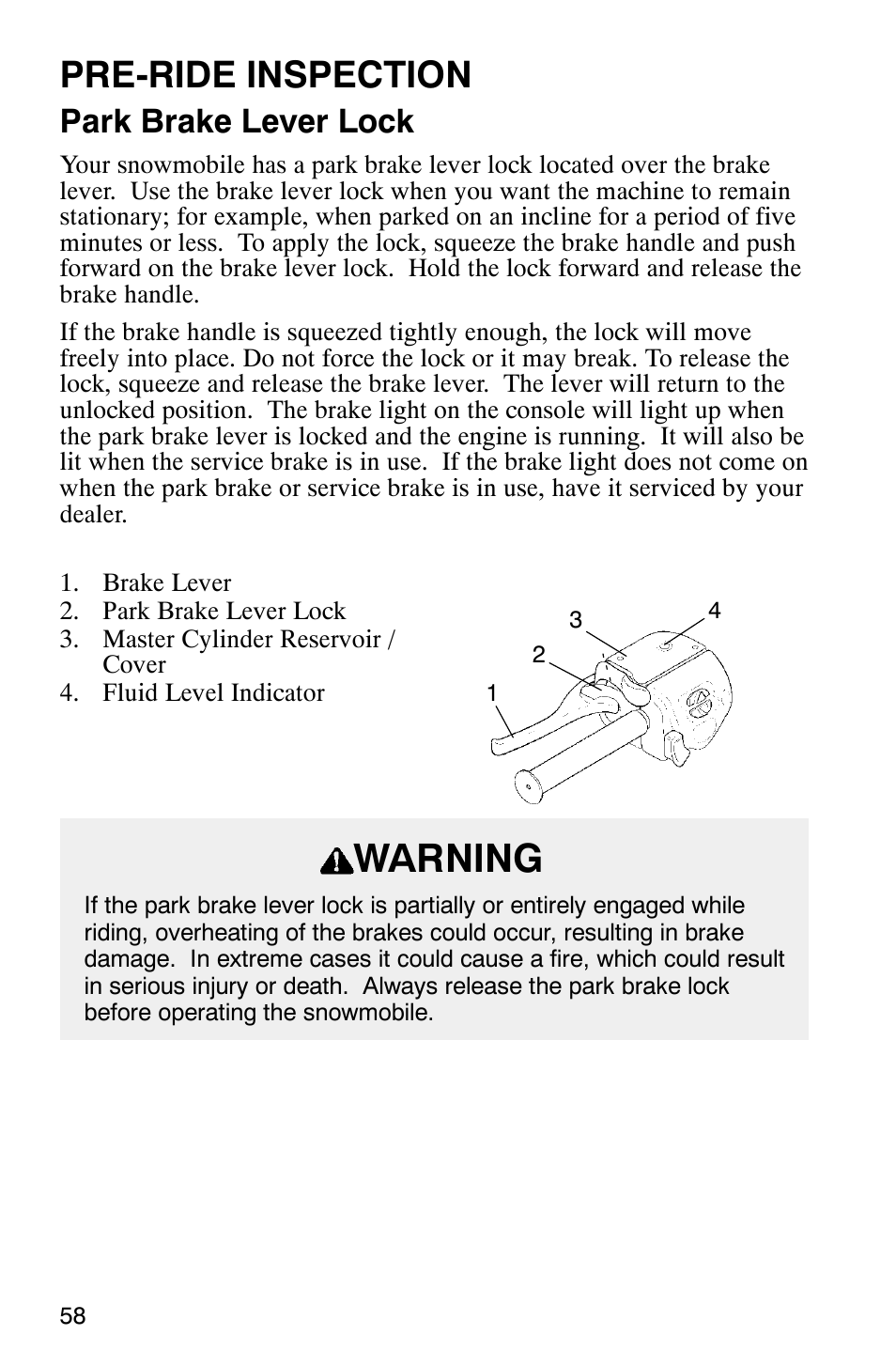 Warning, Pre-ride inspection, Park brake lever lock | Polaris 2003 Frontier User Manual | Page 60 / 140