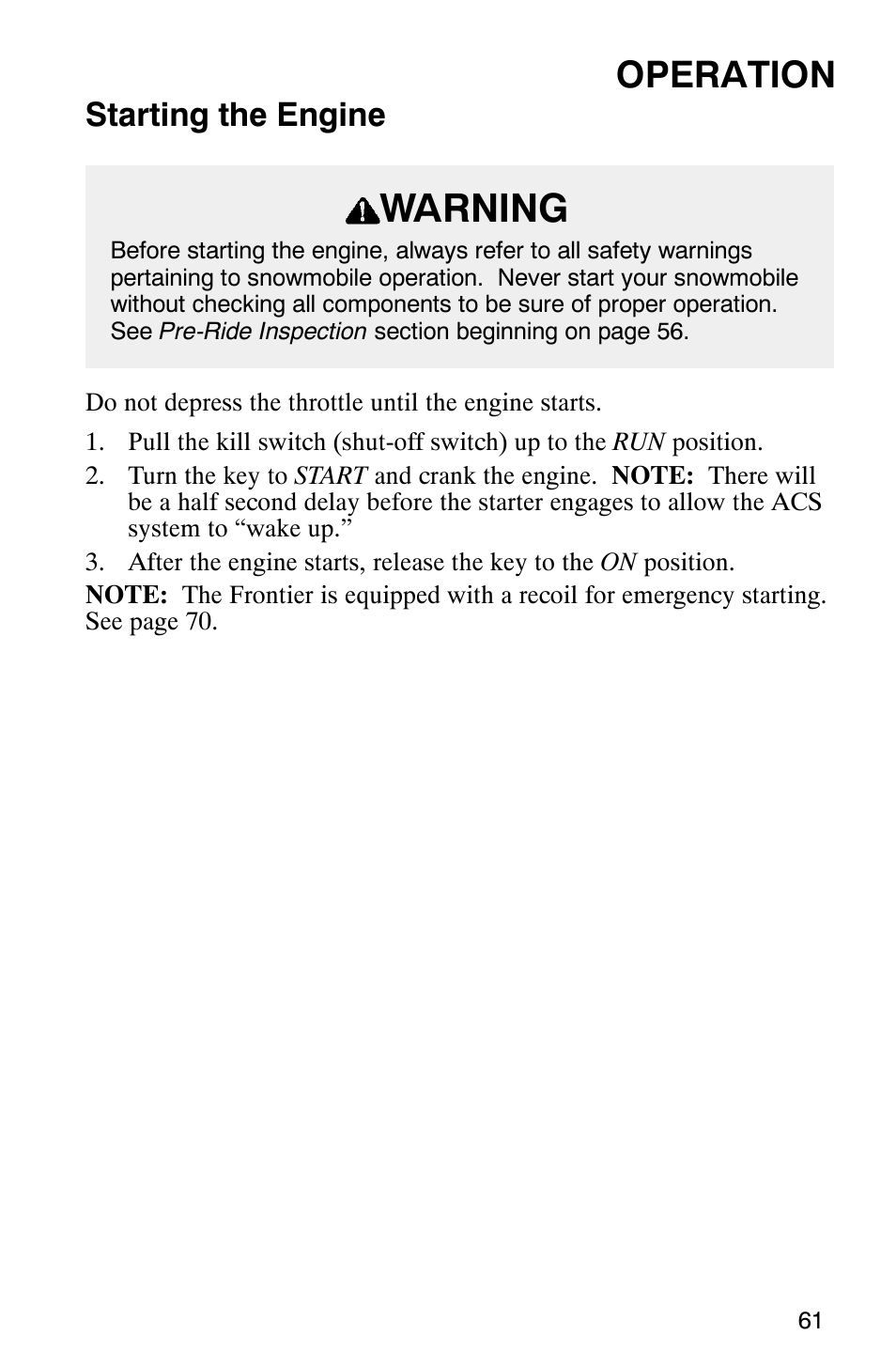 Warning, Operation, Starting the engine | Polaris 2003 Frontier User Manual | Page 63 / 140