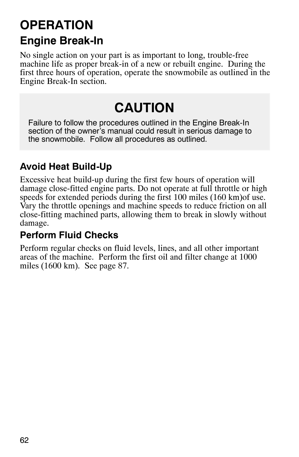 Caution, Operation, Engine break-in | Polaris 2003 Frontier User Manual | Page 64 / 140