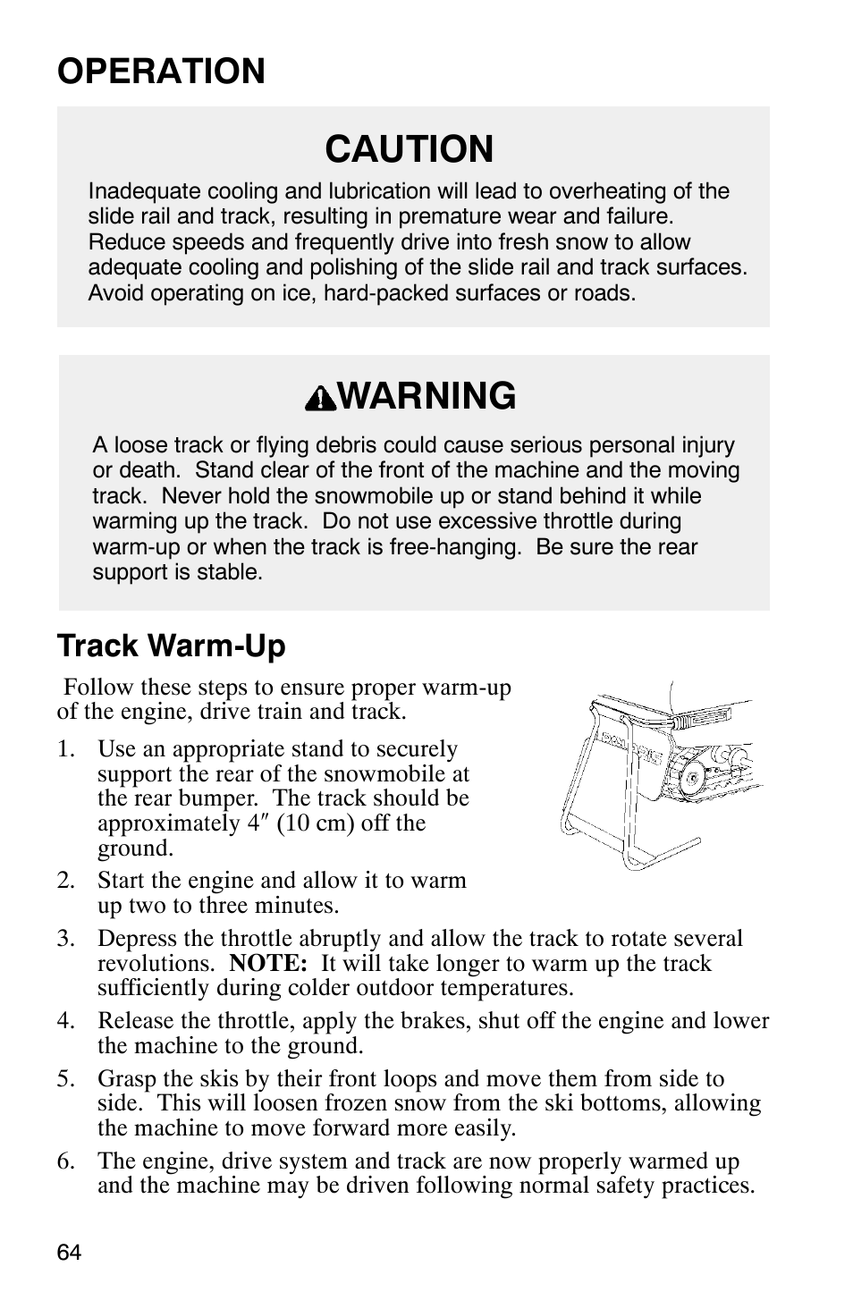 Caution, Warning, Operation | Track warm-up | Polaris 2003 Frontier User Manual | Page 66 / 140