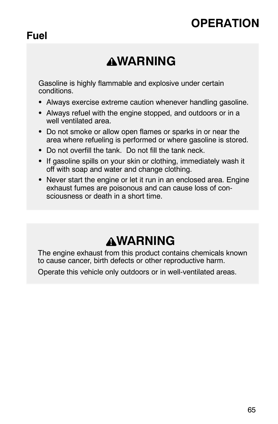 Warning, Operation, Fuel | Polaris 2003 Frontier User Manual | Page 67 / 140