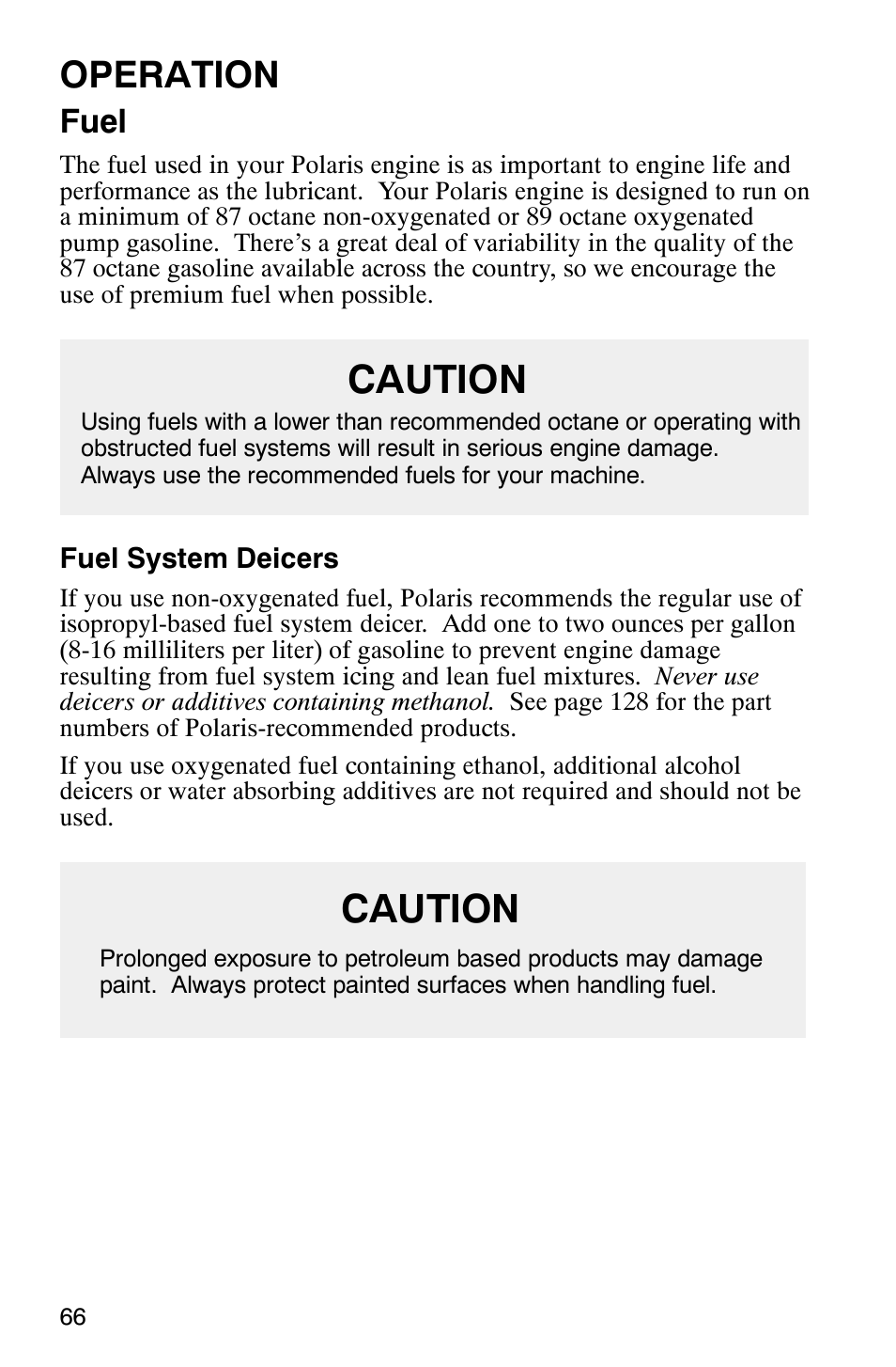 Caution, Operation, Fuel | Polaris 2003 Frontier User Manual | Page 68 / 140