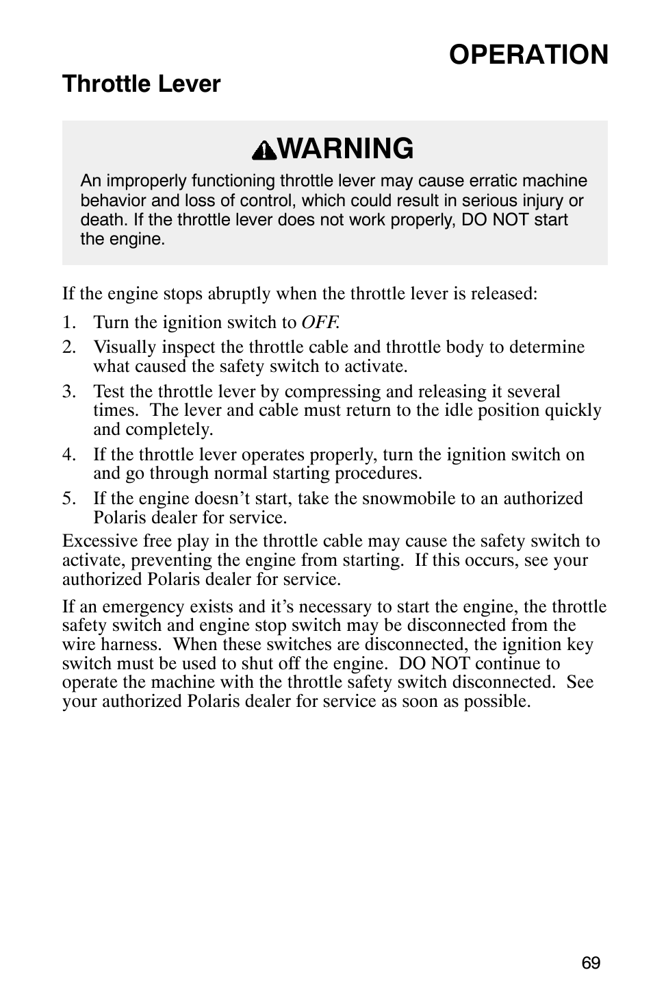 Warning, Operation, Throttle lever | Polaris 2003 Frontier User Manual | Page 71 / 140