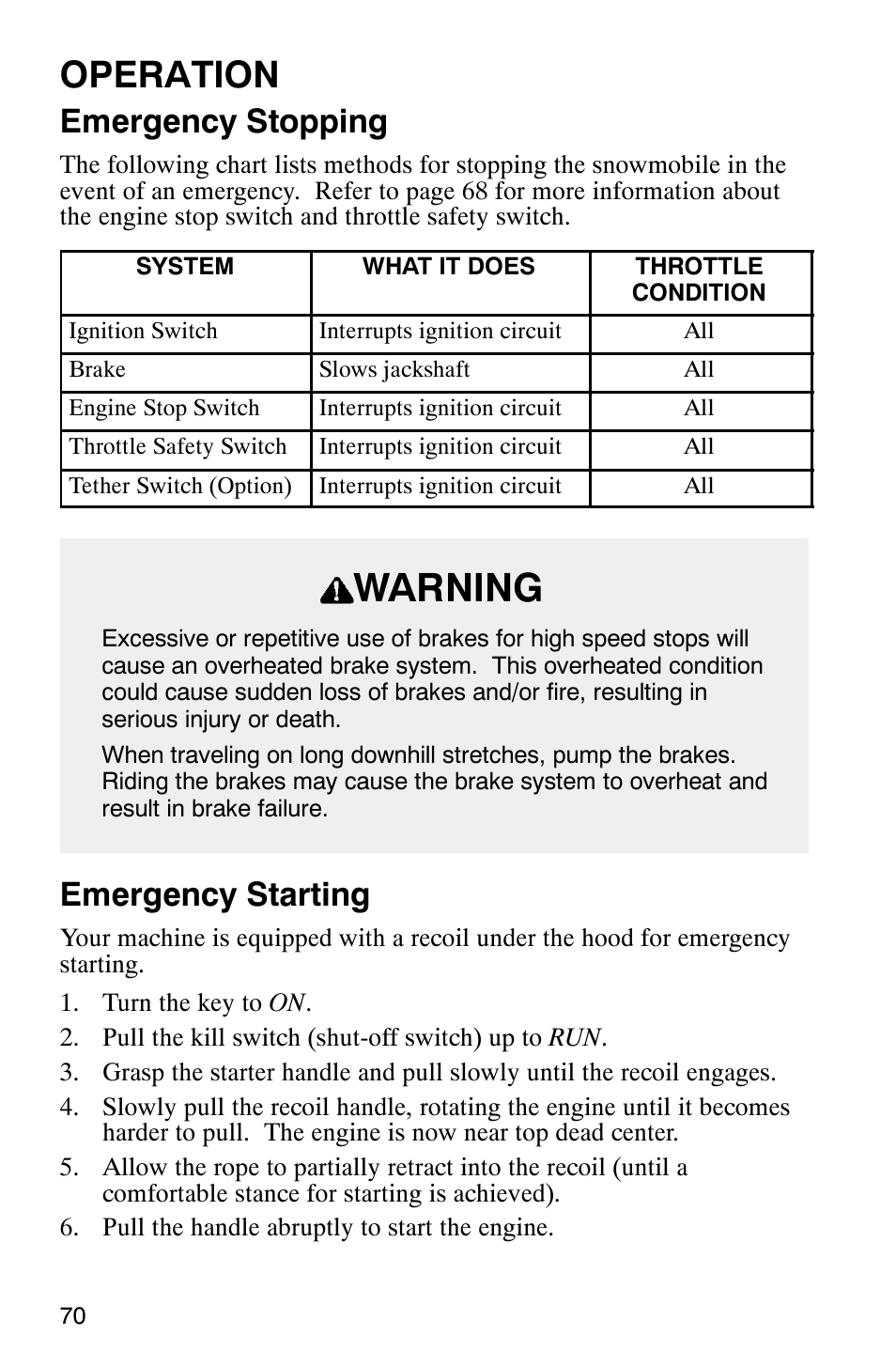 Warning, Operation, Emergency stopping | Emergency starting | Polaris 2003 Frontier User Manual | Page 72 / 140