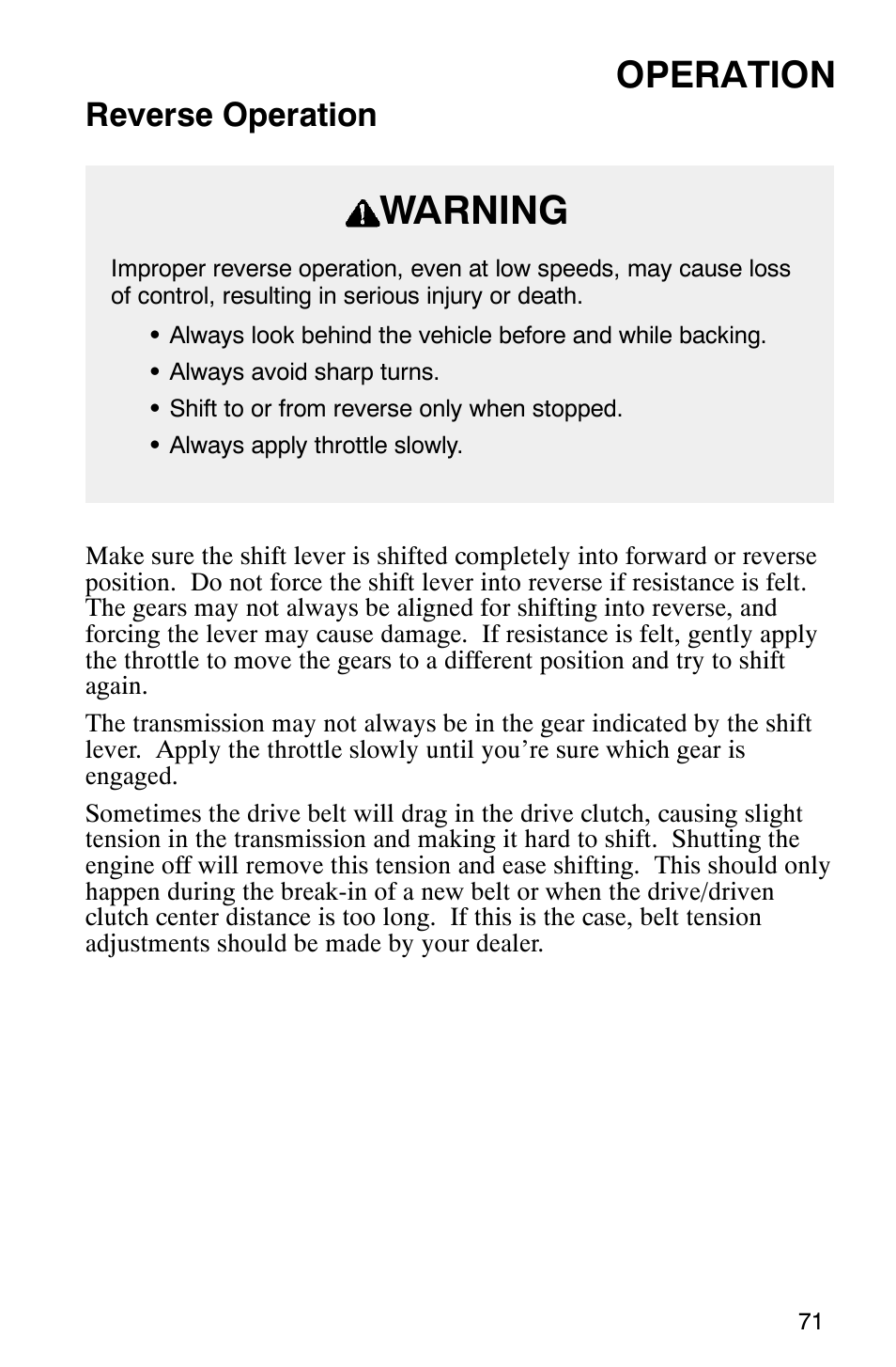 Warning, Operation, Reverse operation | Polaris 2003 Frontier User Manual | Page 73 / 140