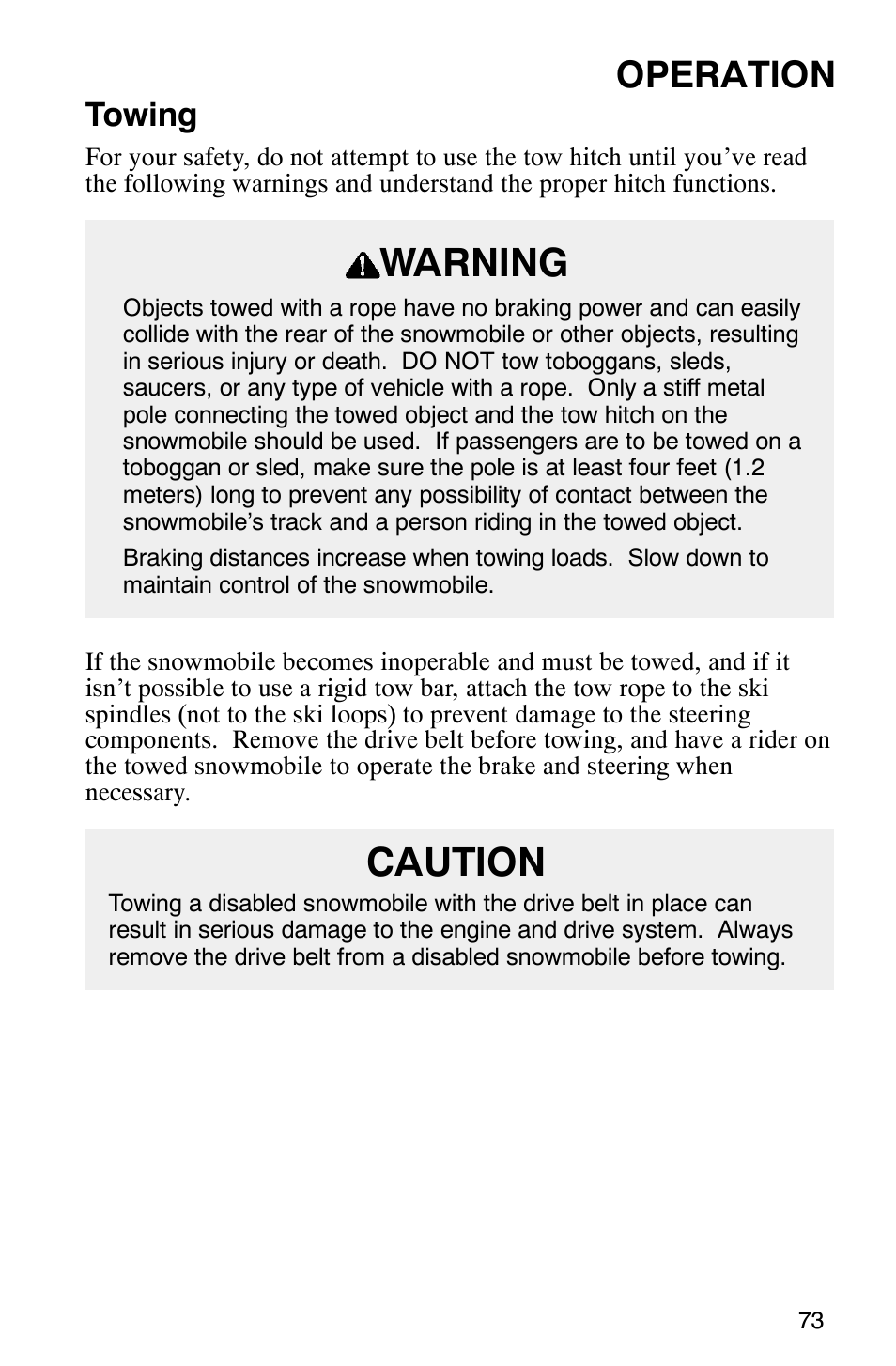 Warning, Caution, Operation | Towing | Polaris 2003 Frontier User Manual | Page 75 / 140