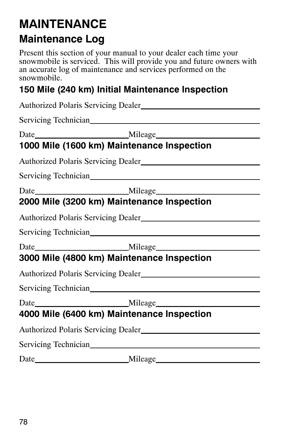 Maintenance, Maintenance log | Polaris 2003 Frontier User Manual | Page 80 / 140